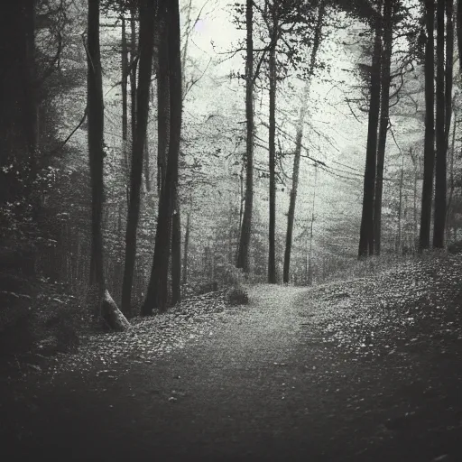 Prompt: deep forest in the night, shooting on the run, ghost far away behind the trees, poor quality of photography, 1/2 second shutter speed