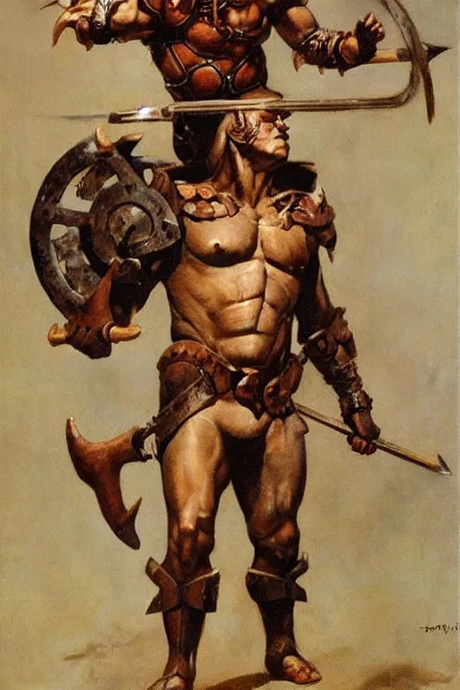 Image similar to a minotaur wearing a steel chestplate and holding a mace, human dressed as a bull, painting by frank frazetta