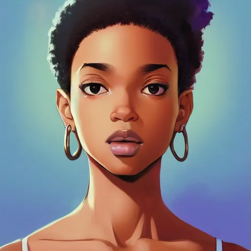 Image similar to a comic portrait of a teenager light - skin girl, afro hair, fine - face, realistic shaded perfect face, fine details, day setting. very anime style. realistic shaded lighting poster by ilya kuvshinov katsuhiro, magali villeneuve, artgerm, jeremy lipkin and michael garmash, rob rey and kentaro miura style, trending on art station