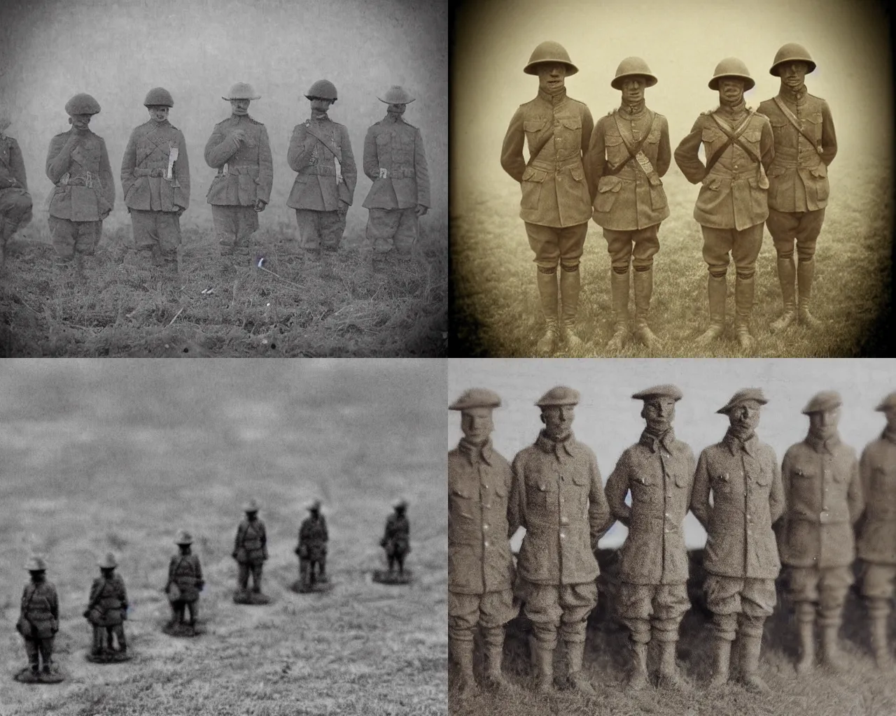 Prompt: faceless WWI soldiers, sepia, faded, blurry, blurry, blurry, creepy