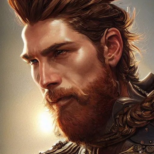 Image similar to portrait of a ruggedly handsome paladin, soft hair, muscular, half body, leather, hairy, d & d, fantasy, intricate, elegant, highly detailed, digital painting, artstation, concept art, smooth, sharp focus, illustration, art by artgerm and greg rutkowski and alphonse mucha