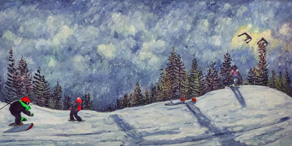 Prompt: pepe the frog snowboarding in terrain park, gloomy landscape, expressive oil painting by christopher radlund and camille pissaro