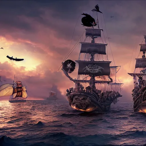 Prompt: the strawhat pirates facing off against jack sparrow, 4 k, matte painting