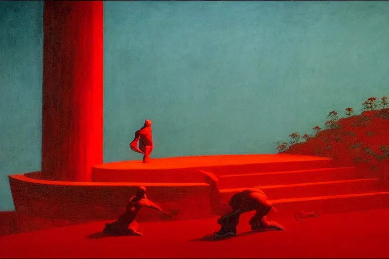 Image similar to only with red, a red melted emperor in an authoritarian position, taormina amphitheatre, crowd hails him, in the style of beksinski, parts by edward hopper, parts by rodcenko, parts by yue minjun, intricate and epic composition, red by caravaggio, insanely quality, highly detailed, masterpiece, red light, artstation, 4 k