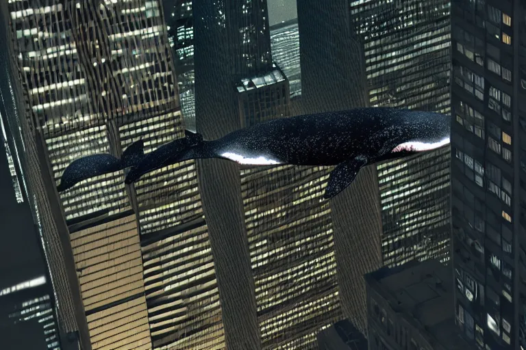 Prompt: whale flying over a building at night time, wearing fashion clothing, id magazine, hyperrealism, detailed textures, photorealistic, newyork city, ultra realistic, cinematic, intricate, cinematic light, unreal engine 5, octane render, david kostic, artgerm