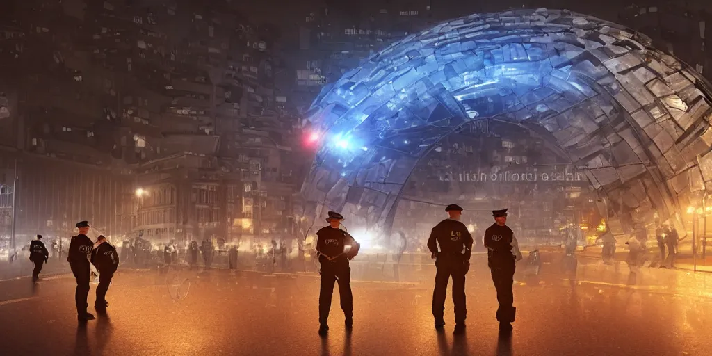 Image similar to policemen protect and guard a huge spiral - shaped luminous object right in the center of the city from protesting people, night, rain and light fog, professional lighting, concept art in 3 d, high detail, professional lighting