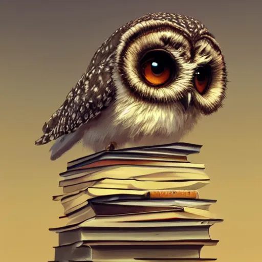 Image similar to long shot of a cute friendly owl sitting on a pile of books, by naoto hatori, by yoshita amano, by esao andrews, fancy illustration hyperrealistic, big depth of field, fresh colors, moody evening light, 3 d octane render conceptart, 4 k, highly detailed, trending on artstation