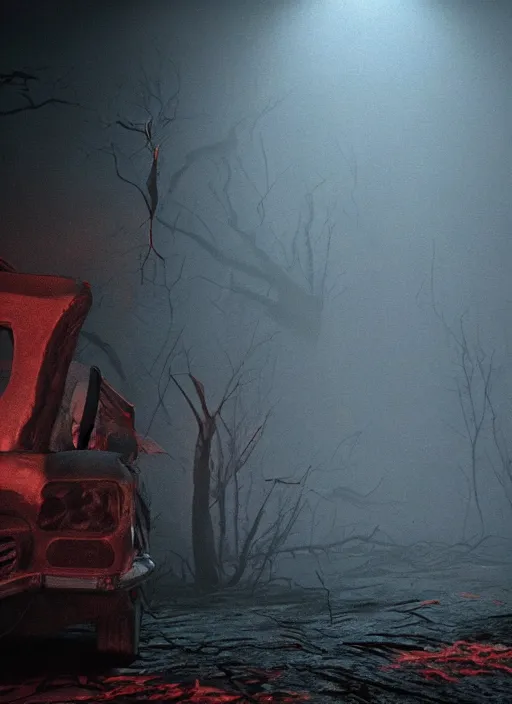 Prompt: A cinematic still of Evil Dead 2 (1987), particles, volumetric light, hyperrealistic, ultradetailed, fog, ominous, octane render, unreal engine