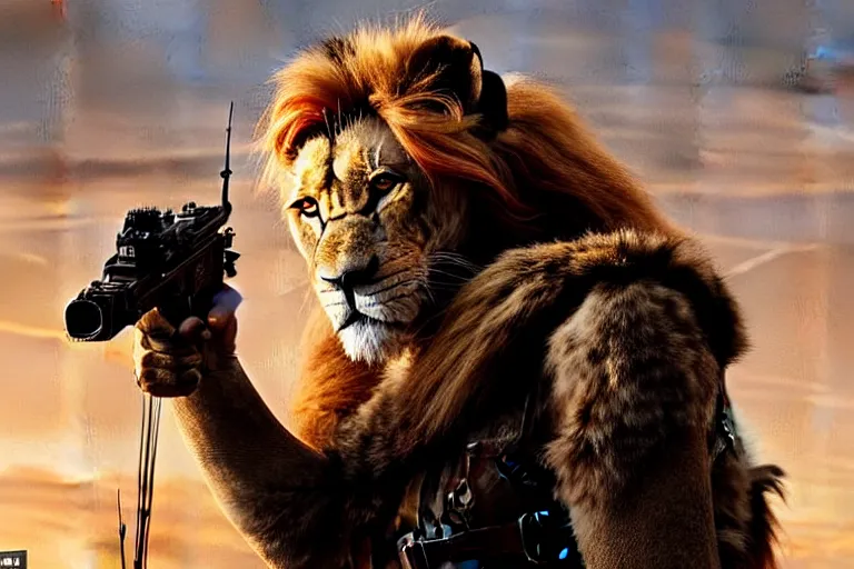 Image similar to scar ( from the lion king ), heavily armed and armored facing down armageddon in a dark and gritty version from the makers of mad max : fury road : witness me