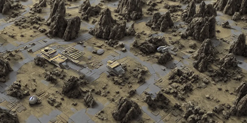 Image similar to flat surface, sci-fi rocky terrain birds eye view close up in the style of a miniature movie sets and 1980s matte paintings by Lucasfilm ultra realistic, 4K, movie still, UHD, sharp, detailed, cinematic, render, star wars, star trek, 1970s