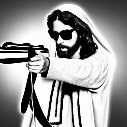 Prompt: jesus christ wearing sunglasses holding a gun