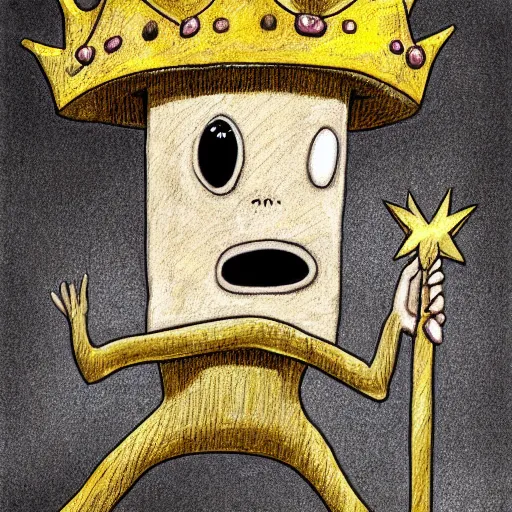 Prompt: A bean with eyes and a mouth, holding a staff, wearing kings crown, cartoon, digital art, ambient lighting, depth of field, drawing,