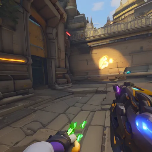 Image similar to screenshot from a game of overwatch, first person, coherent