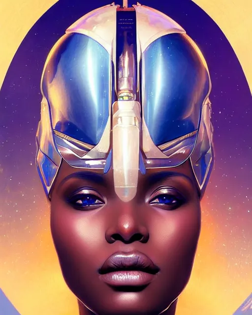 Image similar to Portrait of very very very very very very beautiful african woman, spacesuit, futuristic cybernetic helmet, blue eyes, real life skin, intricate, elegant, highly detailed, artstation, concept art, smooth, sharp focus, art by artgerm and greg rutkowski and alphonse mucha