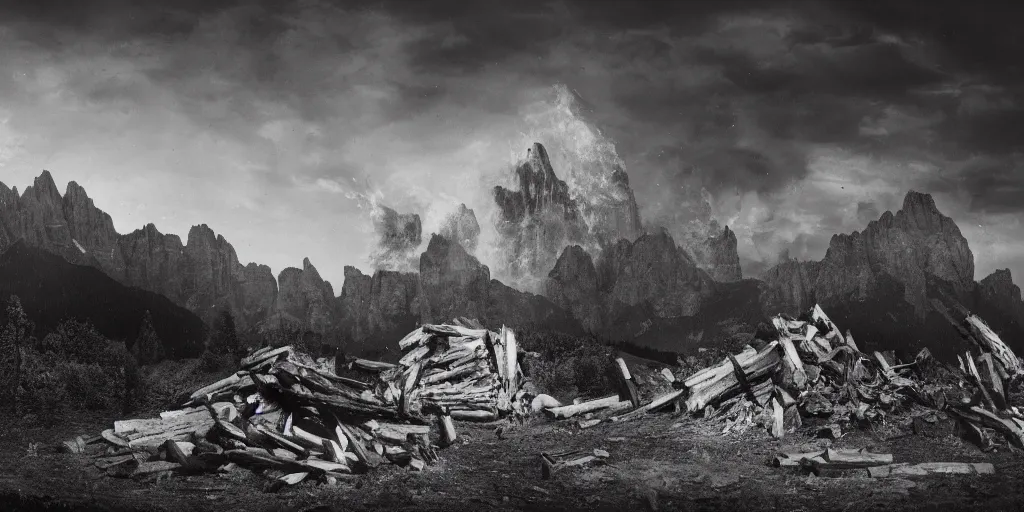 Image similar to 1920s photography of huge bonfire, dolomites in the background, occult signs, fire, alp, dolomites, alpine, detailed intricate insanely detailed octane render, 8k artistic 1920s photography, photorealistic, black and white, chiaroscuro, hd, by David Cronenberg, Raphael, Caravaggio