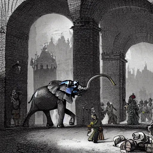 Image similar to an elephant body with a cannon for a head, men in uniforms operate cannon, the elephant is walking through the streets of a medieval city, illustration, rpg, hubert robert, dying earth, body horror