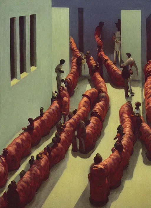 Image similar to sausage line at the art deco hospital painting by Edward Hopper and James Gilleard, Zdzislaw Beksinski highly detailed