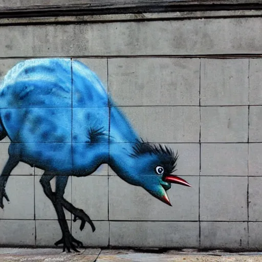 Image similar to a blue ostrich, graffiti by bansky