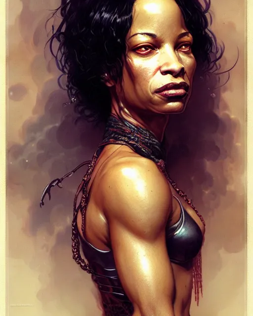 Image similar to karrine steffans, character portrait, portrait, close up, concept art, intricate details, highly detailed by greg rutkowski, michael whelan and gustave dore