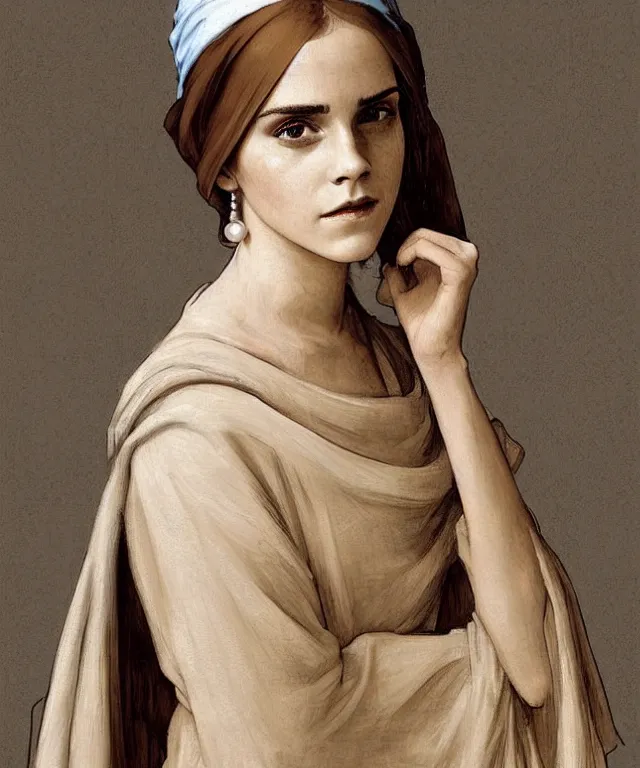 Image similar to Emma Watson as the girl with the pearl earring, highly detailed, digital painting, artstation, concept art, smooth, sharp focus, illustration, ArtStation, art by artgerm and greg rutkowski and alphonse mucha and J. C. Leyendecker and Edmund Blair Leighton and Katsuhiro Otomo and Geof Darrow and Phil hale and Ashley wood and Ilya repin and Charlie Bowater