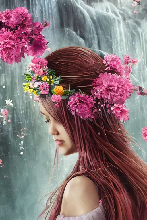 Prompt: oil painting, gray, pink, contrast, waterfall cave, redheaded girl wearing a hat of flowers and dress of fresh flowers, decorated with flowers, roses, lilies, chrysanthemums, irises, water drops, water jets, overhead light, high quality octane render 4 k, 8 k