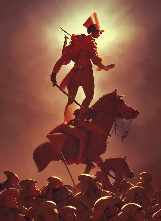 Prompt: napoleon leading his army to victory, heroic, glorious, in the style of artgerm, gerald brom, atey ghailan and mike mignola, vibrant colors and hard shadows and strong rim light, plain background, comic cover art, trending on artstation