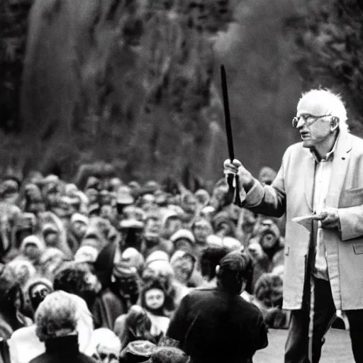 Prompt: Bernie Sanders as Gandolf defending Bridge of Khazad-dûm, 35mm photo