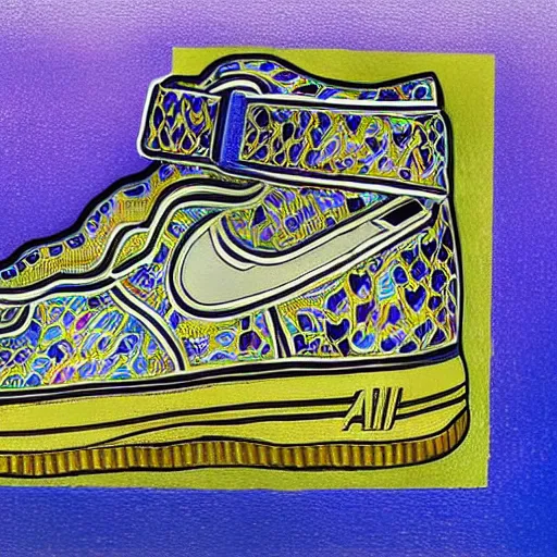 Image similar to an air force one shoe made of different materials, precious gem stones and metals and paper and smoke and rust and lava and rainbow, accurate, hyperdetailed, intricate detail, insanely detailed and intricate, in the style of Henri Matisse, edge to edge, solid color background intricate, highly detailed, smooth, sharp focus, detailed, high contrast