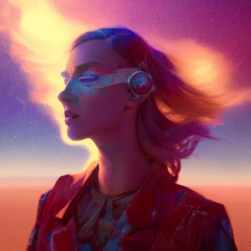 Prompt: colorful character portrait of a woman in a dark desert lit by the stars, wispy smoke, highly detailed face, very intricate, symmetrical, cinematic lighting, award - winning epic painting, painted by mandy jurgens, pan futurism, lumion render, dystopian, bold colors, dark vibes, cyberpunk, groovy vibe, anime aesthetic, featured on artstation
