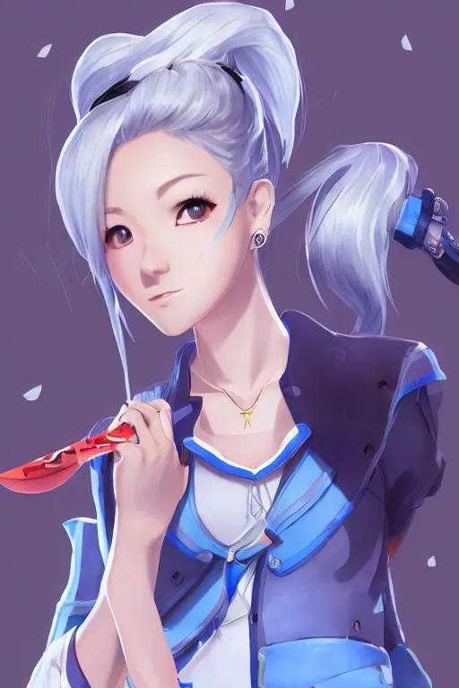 Image similar to a south korean female from paladins, white ponytail hair, she is holding a kunai, cloud tattoos on her arms, wearing light blue short jacket, highly detailed digital art, character design, masterpiece