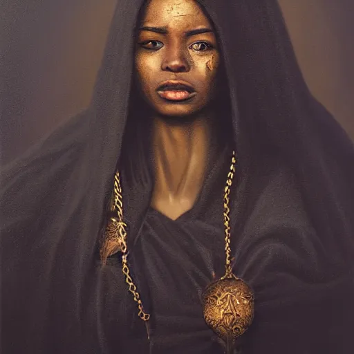 Image similar to a portrait of a young black woman wearing a long dark cloak, hood and shadows covering face, holding golden chains, oil painting, matte painting, black background, Volumetric Golden dappled dynamic lighting, Highly Detailed, Cinematic Lighting, Unreal Engine, 8k, HD, by Beksinski