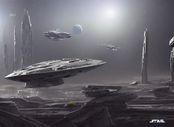 Prompt: a single large spaceship seen from the surface of a busy metropolis, star wars digital art, trending on art station