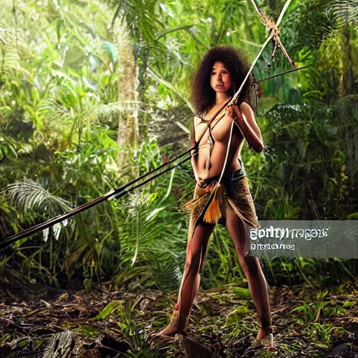 Image similar to photography, female heroine in the jungle hunting with bow and arrow, with pick axe, gettyimages, realistic face