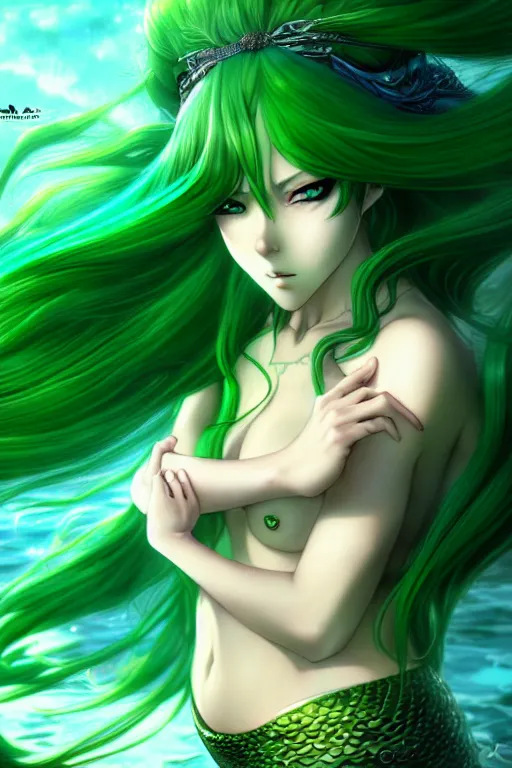 Prompt: beautiful green hair mermaid, anime style, scenery wallpaper aesthetic, vintage retro colors, cinematic, dramatic, super detailed and intricate, hyper realistic, 4 k render, by artgerm, by kyoung hwan kim, by ralph mcquarrie, by yoshiyuki tomino