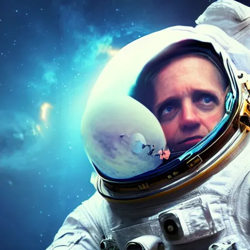 Image similar to astronaut in space floating in the eye of the universe, photo-realistic, hyper-realistic, cinematography, 8k, HD, highly detailed, dreamy