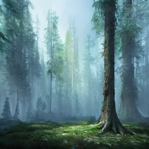 Prompt: A beautiful hyper realistic detailed matte painting of the inside deep forest with high trees, dynamic lighting, cinematic lighting, lit by morning light, unreal engine, featured on artstation