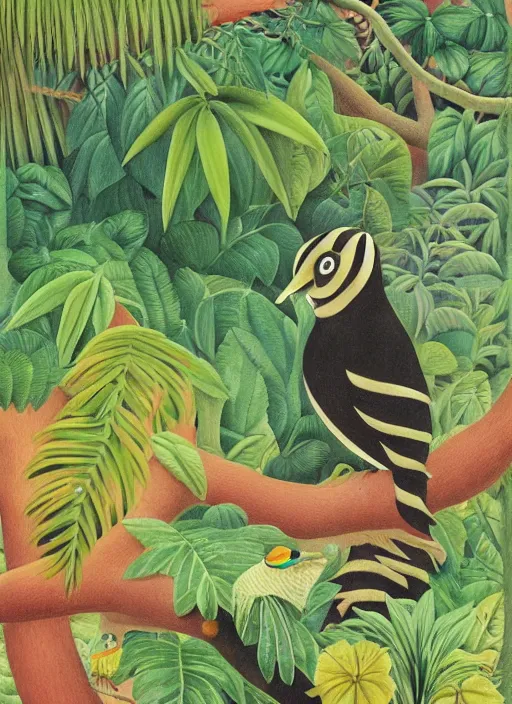 Prompt: rare bird in the jungle, highly detailed, style of henri rousseau and richard scarry and hiroshi yoshida