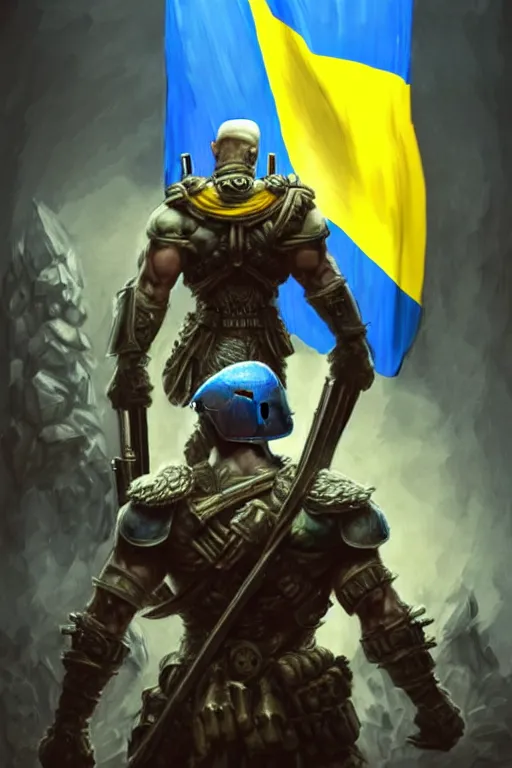 Image similar to a distant shot from behind of a Ukrainian super soldier with blue and yellow flag behind him standing alone on a huge pile of skulls as a winner, masculine muscular figure, D&D, fantasy, intricate, elegant, highly detailed, extremely detailed, digital painting, artstation, concept art, matte, sharp focus, symmetrical, illustration, art by Artgerm and Greg Rutkowski and Alphonse Mucha