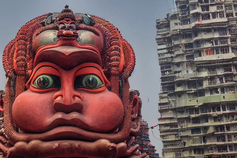 Image similar to high quality 3 d cyberpunk biomorphic hanuman head building in the middle of mumbai!!, kalighat highly detailed, cinematic smooth, stephen shore & john j. park, soft morning light, wide shot, high angle, uhd 8 k, deep focus