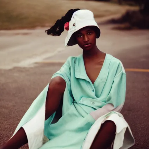 Image similar to realistic photoshoot for a new off-white lookbook, color film photography, portrait of a beautiful woman in style of tyler Mitchell, 35mm, graflex