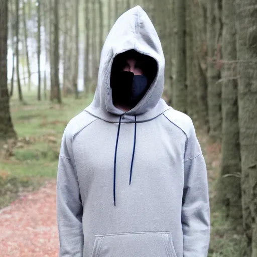 Image similar to person wearing featureless while mask in hoodie, doing weird poses