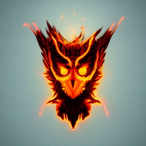 Image similar to fire owl, half body portrait, the spirit of fire, with red neon flashes around head, softlight, octane render, highly detailed, realistic, 8 k, trending on artstation, 3 d cartoon style