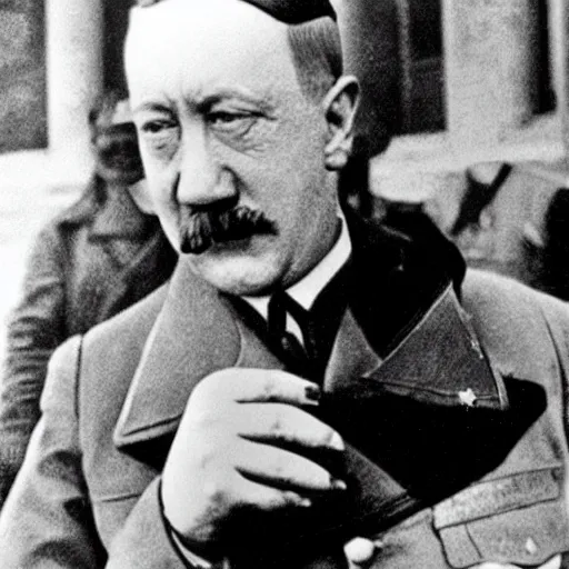 Image similar to Hitler shaves his mustache with a bayonet