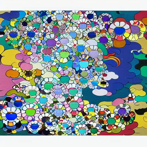 Prompt: colorful dragons swirling in the fluffy cloud, painted by takashi murakami