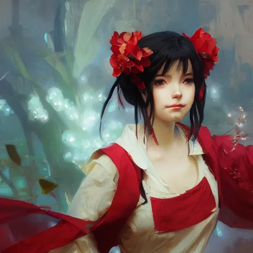 Image similar to a portrait painting of reimu hakurei, by greg rutkowski, artgerm, wlop, ruan jia, krenz cushart, alphonse mucha, marble, gold, unreal engine 5