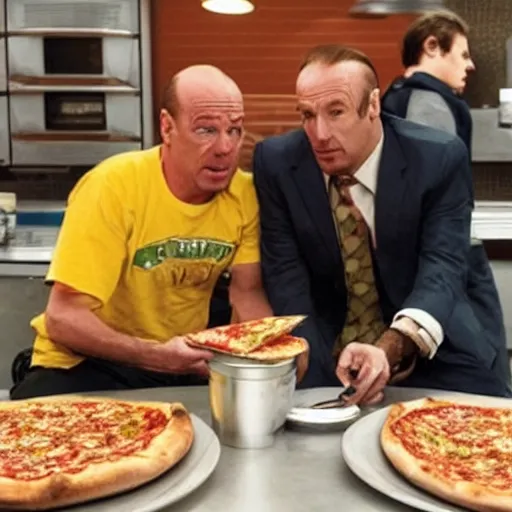 Prompt: Saul Goodman eating pizza with Walter White