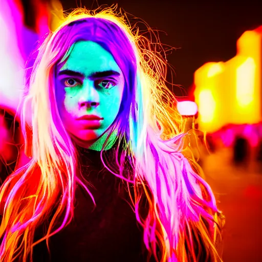 Image similar to billie eilish girl in the street, explosion of neon lights, close up, 5 0 mm lens, model photography detailed realistic