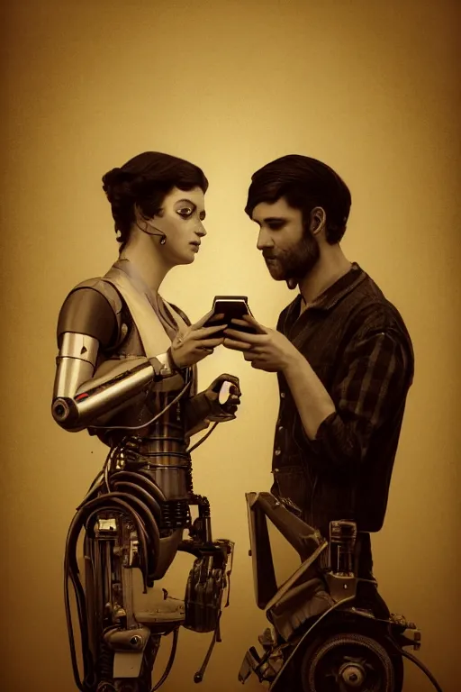 Image similar to a beautiful ultradetailed vintage photo of two cyborgs facing away from each other and looking at their cellphones, by tom bagshaw and anna dittman, couples portrait, vignette, 3 5 mm lens, golden ratio composition, detailed faces, studio photography, very detailed, humanoids, industrial robots, artstation, 8 k, highly coherent