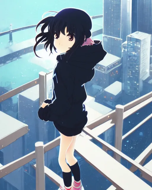 Image similar to anime visual, portrait of a young black haired girl wearing hoodie sightseeing above the city, guardrail, cute face by yoh yoshinari, katsura masakazu, dramatic lighting, dynamic pose, dynamic perspective, strong silhouette, ilya kuvshinov, anime cels, rounded eyes, moody