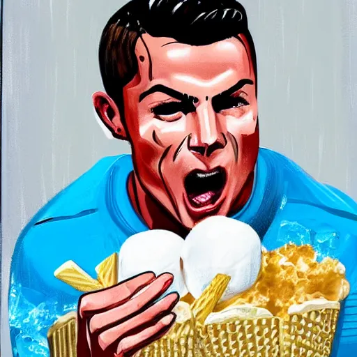 Image similar to a promo portrait of cristiano ronaldo crying sitting in a sofa, eating a bucket of ice cream,